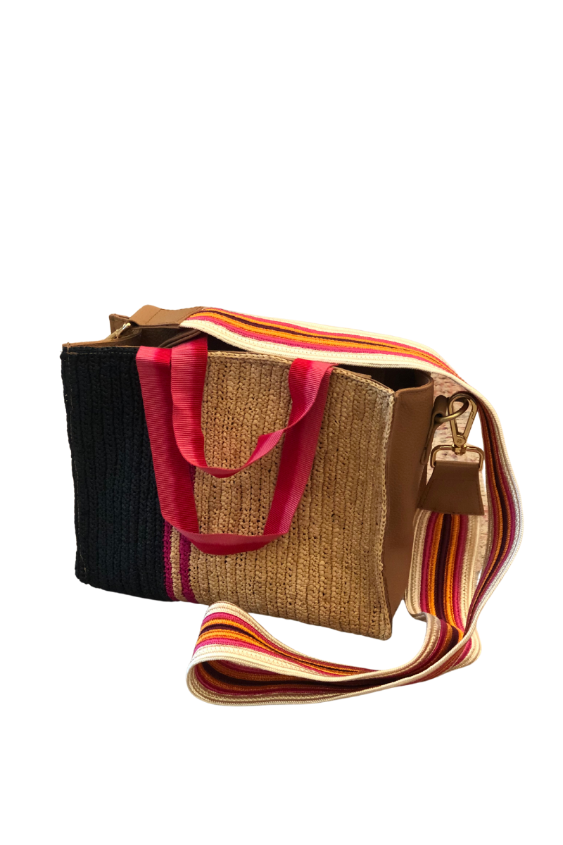 Claramonte, Jules Raffia Bag- Natural/Navy/Fuchsia