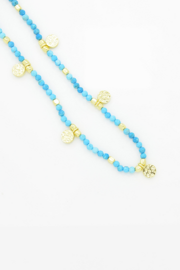 Blue Turquoise Beaded Gold Coin Necklace