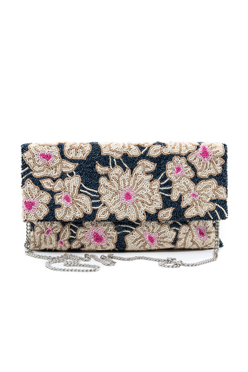 Tiana, Navy Beaded Floral Clutch