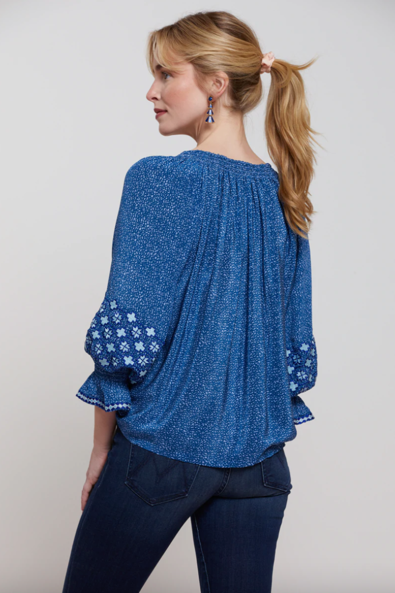 Rungolee, Barcelona Embroidered Blouse- Blue Splatter