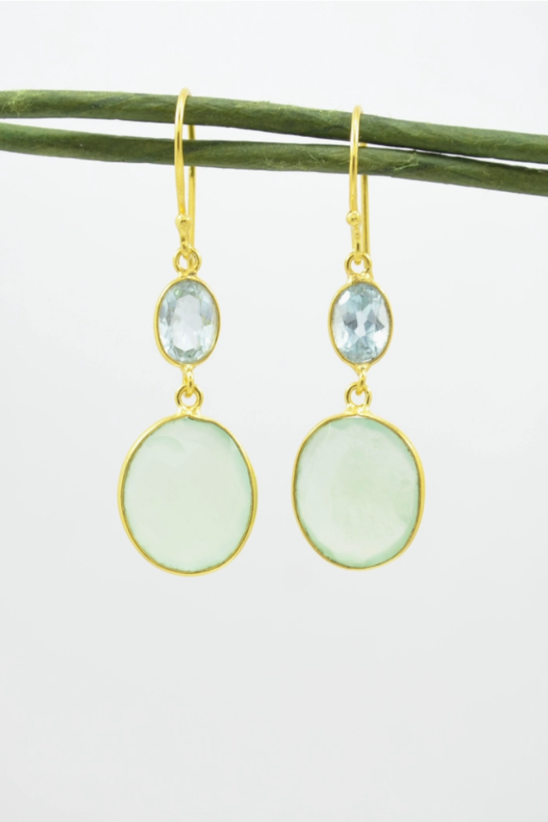 Schmuckoo, Natural Blue Topaz & Chalcedony Gold Earrings