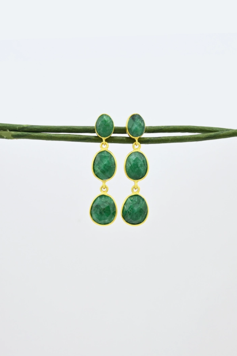 Schmuckoo, Triple Oval Emerald Gold Earrings