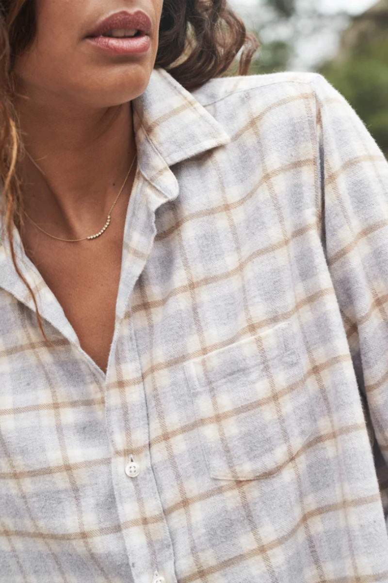 Frank & Eileen, Eileen Woven Button Up Shirt- White Plaid with Grey and Tan