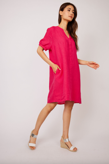 Pistache, Linen Dress w/ Elastic Detail Sleeve