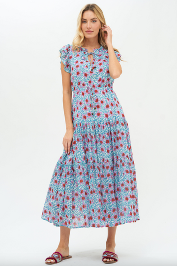 Oliphant, Cinched Flirty Midi Dress- Turquoise Jardin