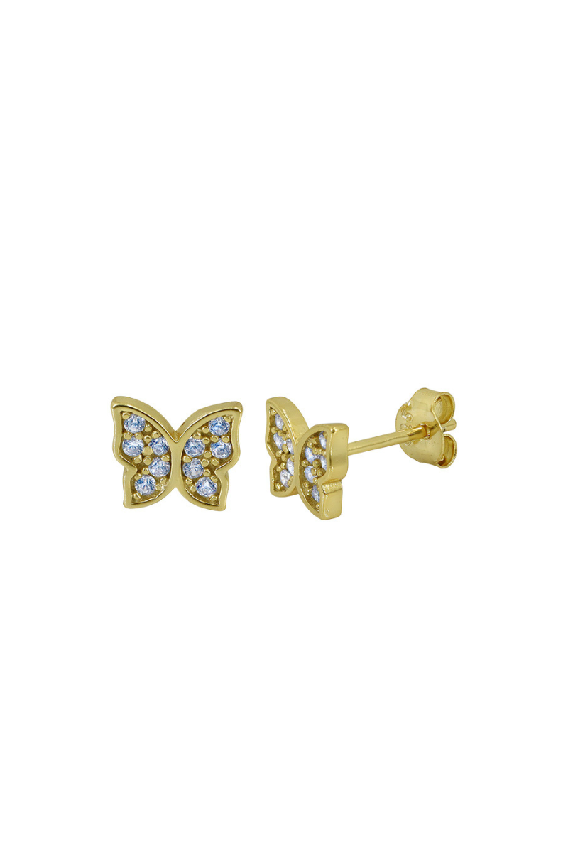 Gold 2-Wing Butterfly Stud Earrings with Cubic Zirconia