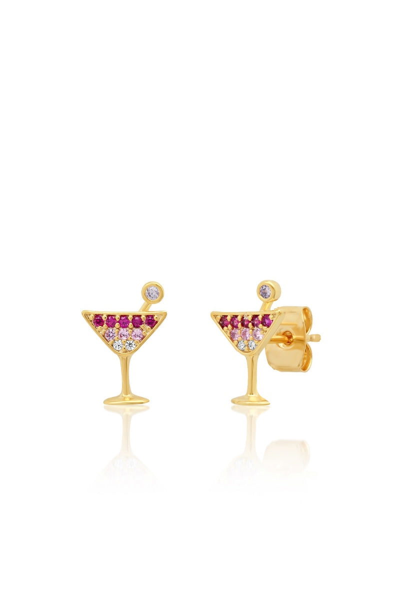 TAI, Gold Martini Glass with Pink Stone Accents Stud Earrings