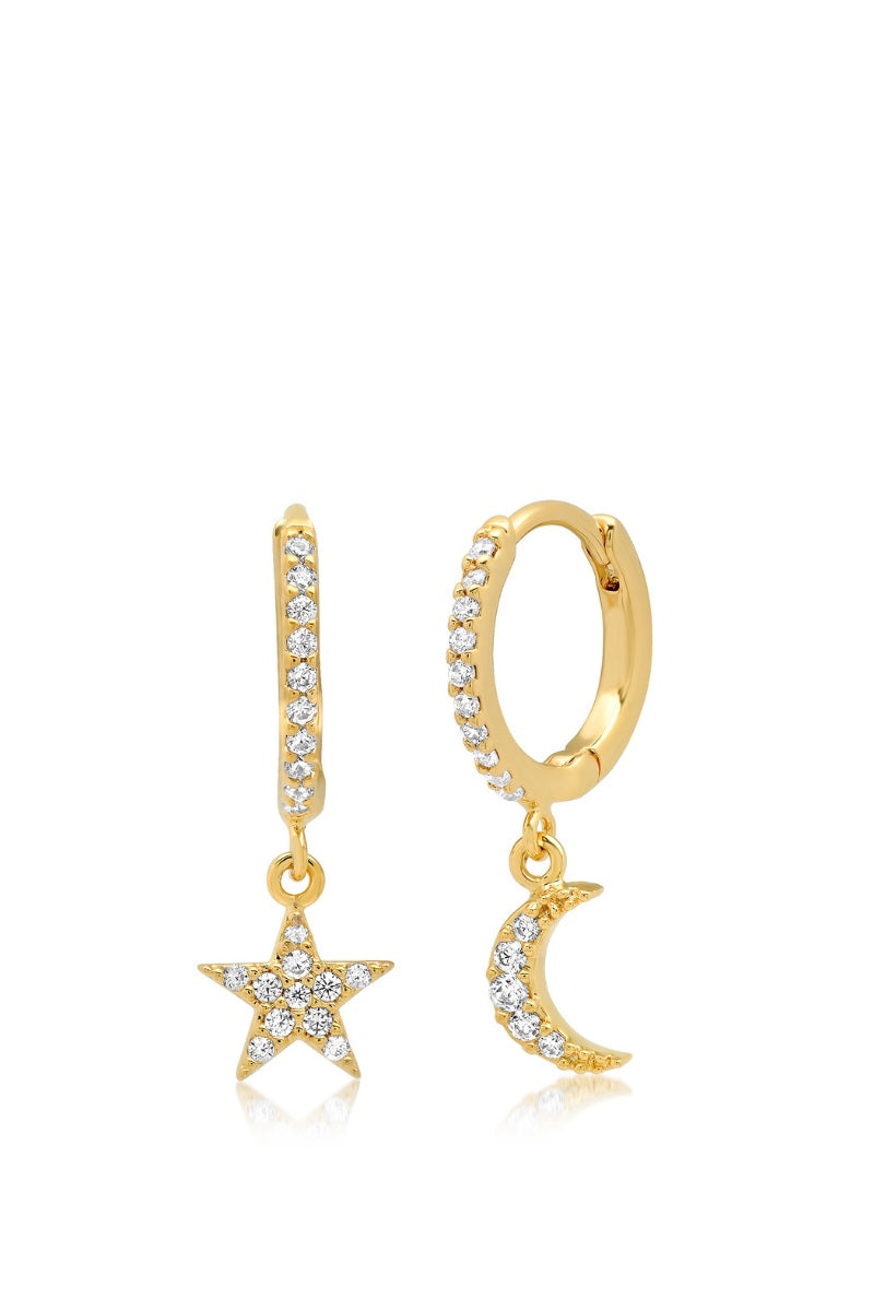 TAI, Gold Star & Moon Pave Huggie Earrings